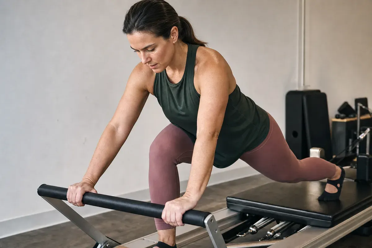Mujer realizando un ejercicio dinámico y controlado de Pilates HIIT sobre un reformer