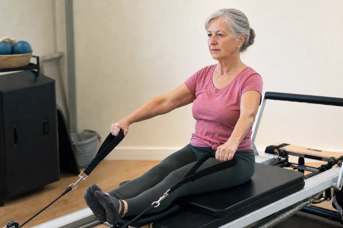 Mujer senior activa realizando un ejercicio de brazos con correas sobre un reformer